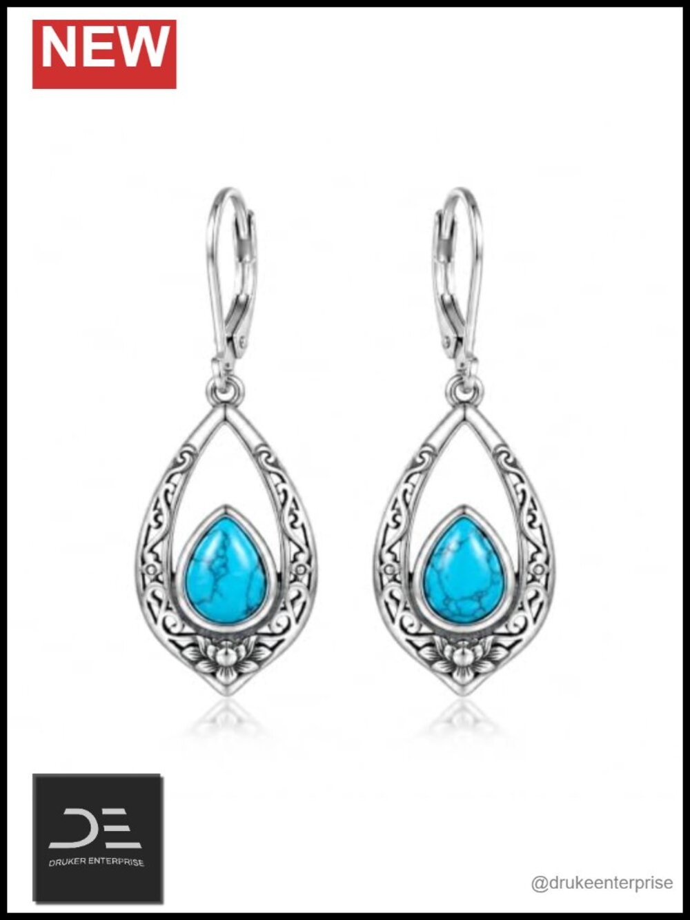 925 Sterling Silver Turquoise Drop Earrings Leverback Dangle Boho Vintage